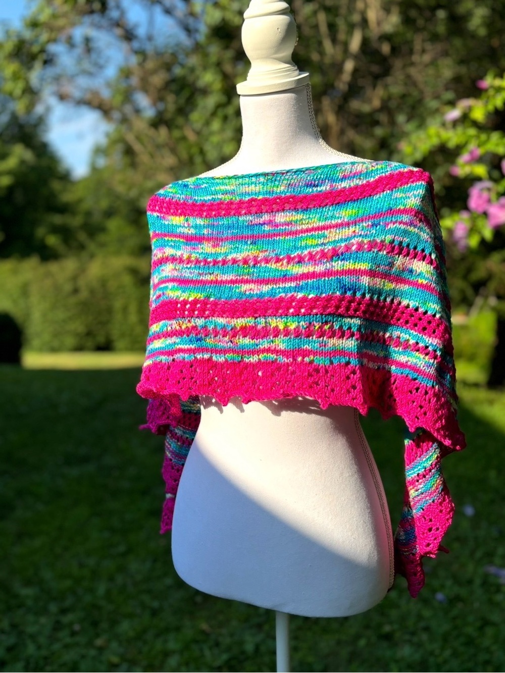 Bespoke Vibrant Multicolor Blue & Fuchsia Hand Knit Luxury Merino Shawl